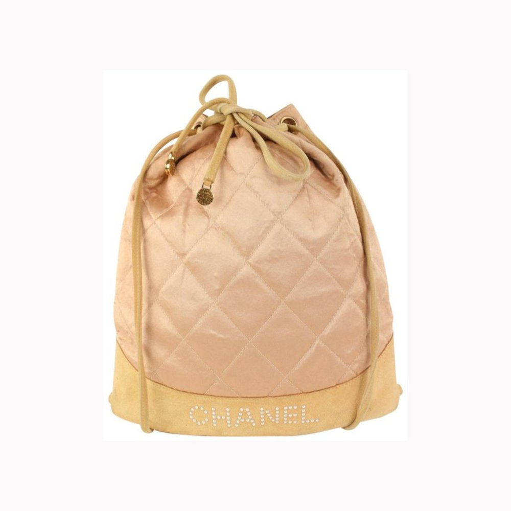 Chanel Pink Quilted Satin Crystal Logo Drawstring - Gem
